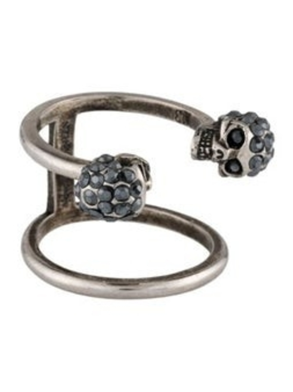 Alexander McQueen Silver Double-Band Skull Ring with Dark Crystals